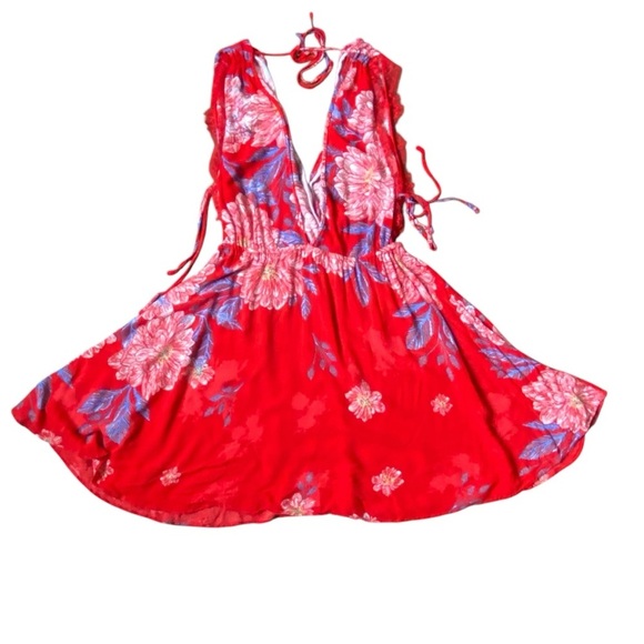Free People Intimately Marnie Red Floral Backless Mini V-Neck Sundress SZ S - Picture 4 of 8